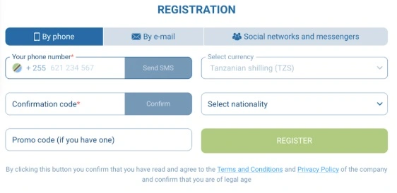 1xBet Tanzania registration page